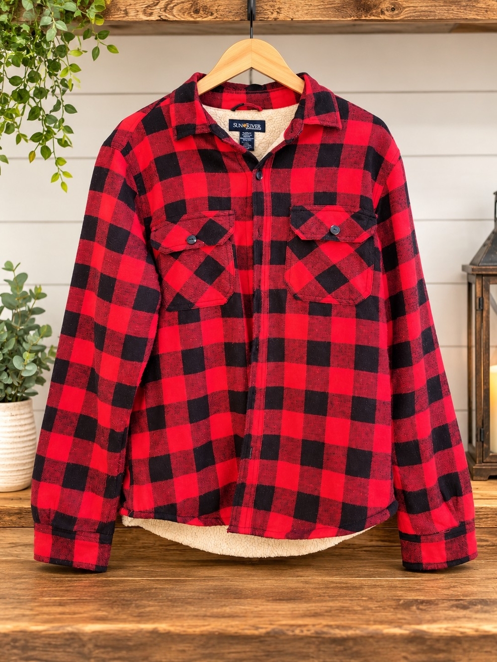 Sun River Men's M Red & Black Buffalo Plaid Sherpa-Lined Shirt Jacket